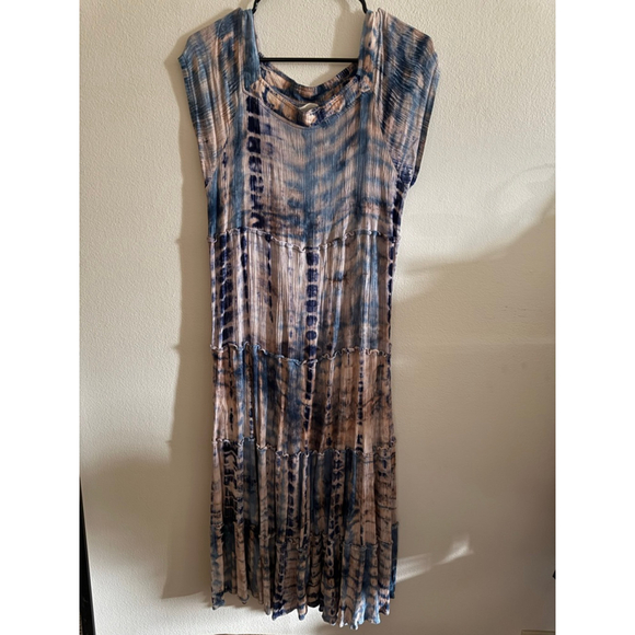 Women's Natural Life Blue Beige Tie-Dye Tiered Maxi Dress M - Picture 2 of 5